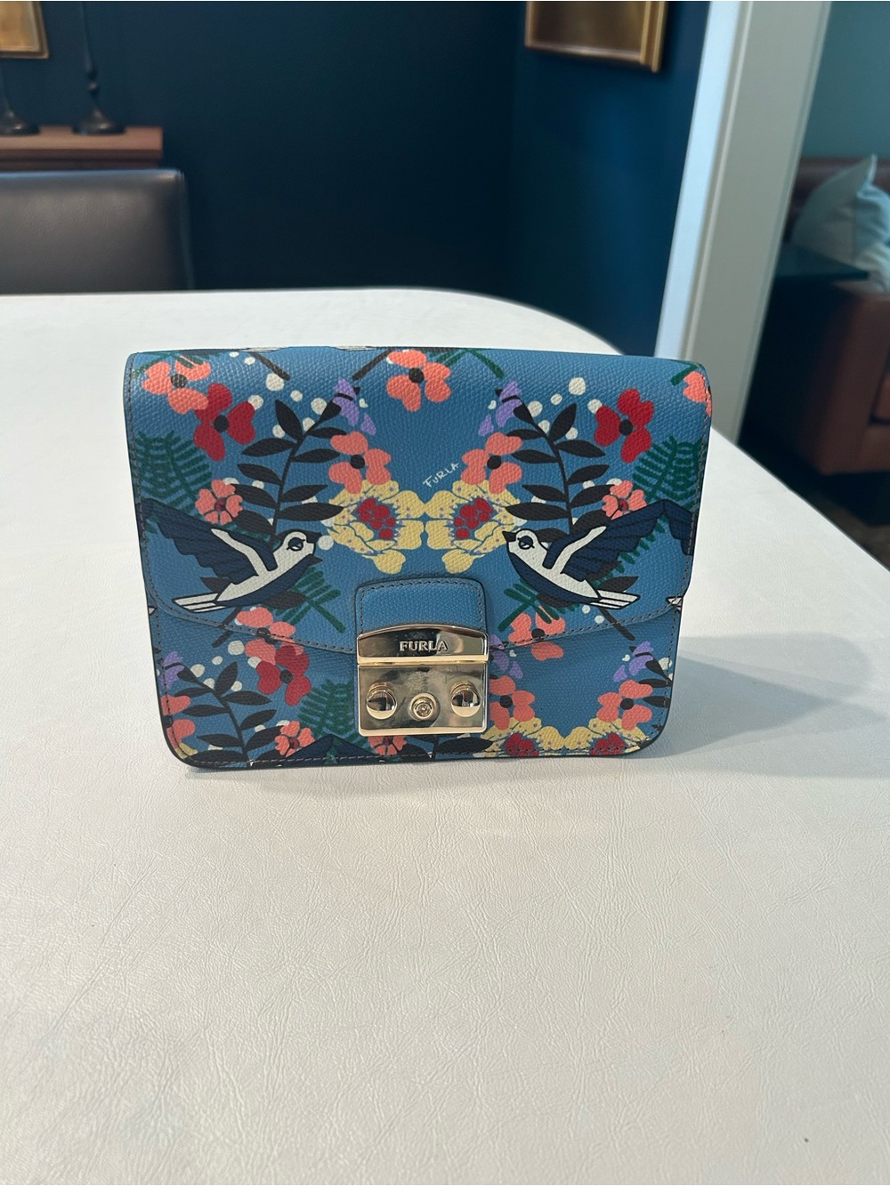 Furla Blue Floral & Bird Mini Crossbody with Gold Lock